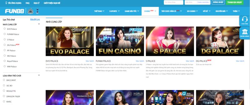 Casino Fun88 cung cấp hơn 50+ sảnh game độc đáo