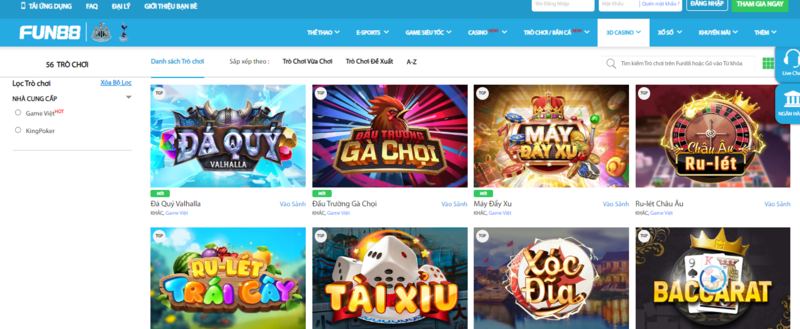 Người chơi chọn sảnh game được Fun88 cung cấp